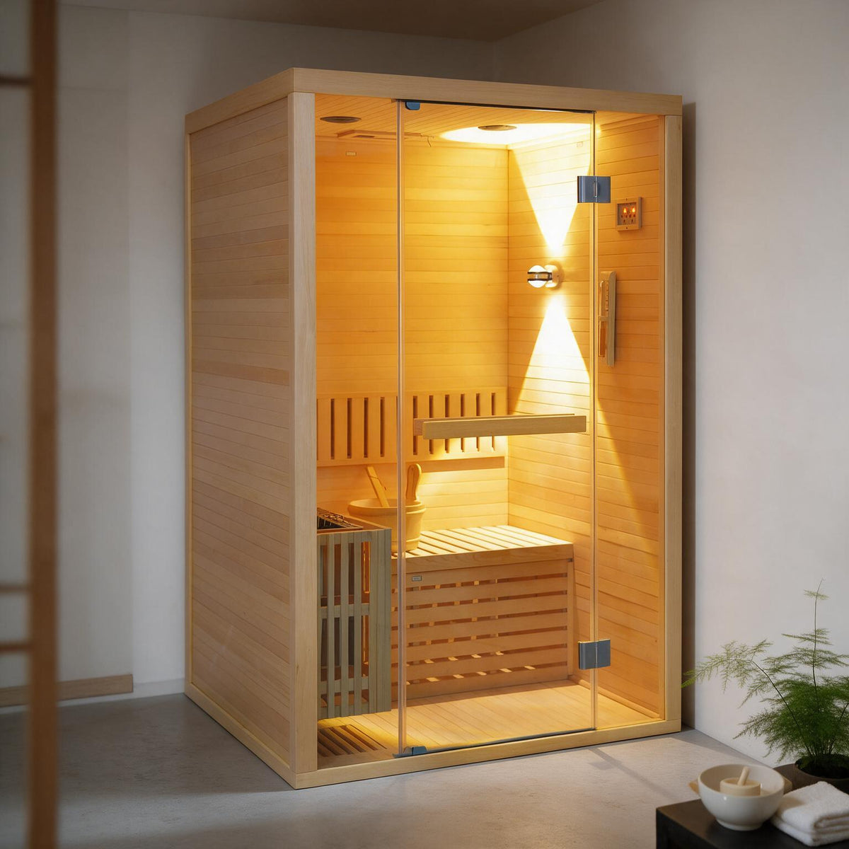Thermora Alpine Premium 2-Person 3KW Hemlock Wood Sauna With LED Wall Light
