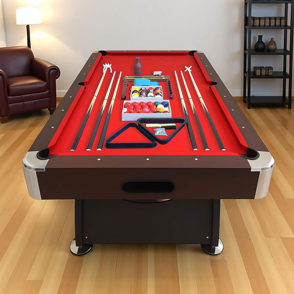 8FT Modern Red Felt Billiard Pool Table With Automatic Ball Return And Accessories Kit