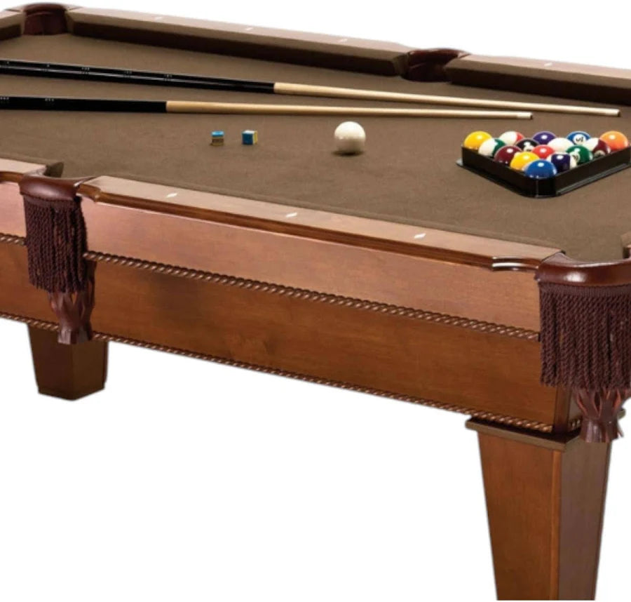 7Ft Brown Wool Cloth Top Pool Table with 2 Cues and Billiards Balls