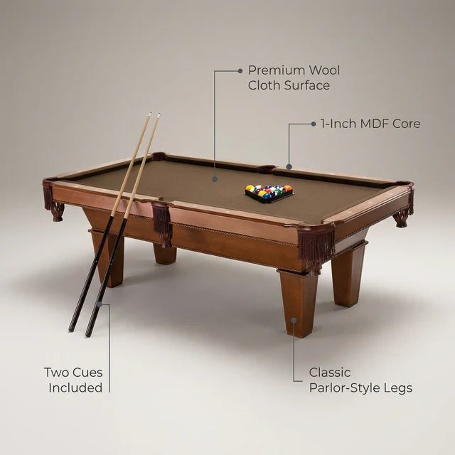 7Ft Brown Wool Cloth Top Pool Table with 2 Cues and Billiards Balls