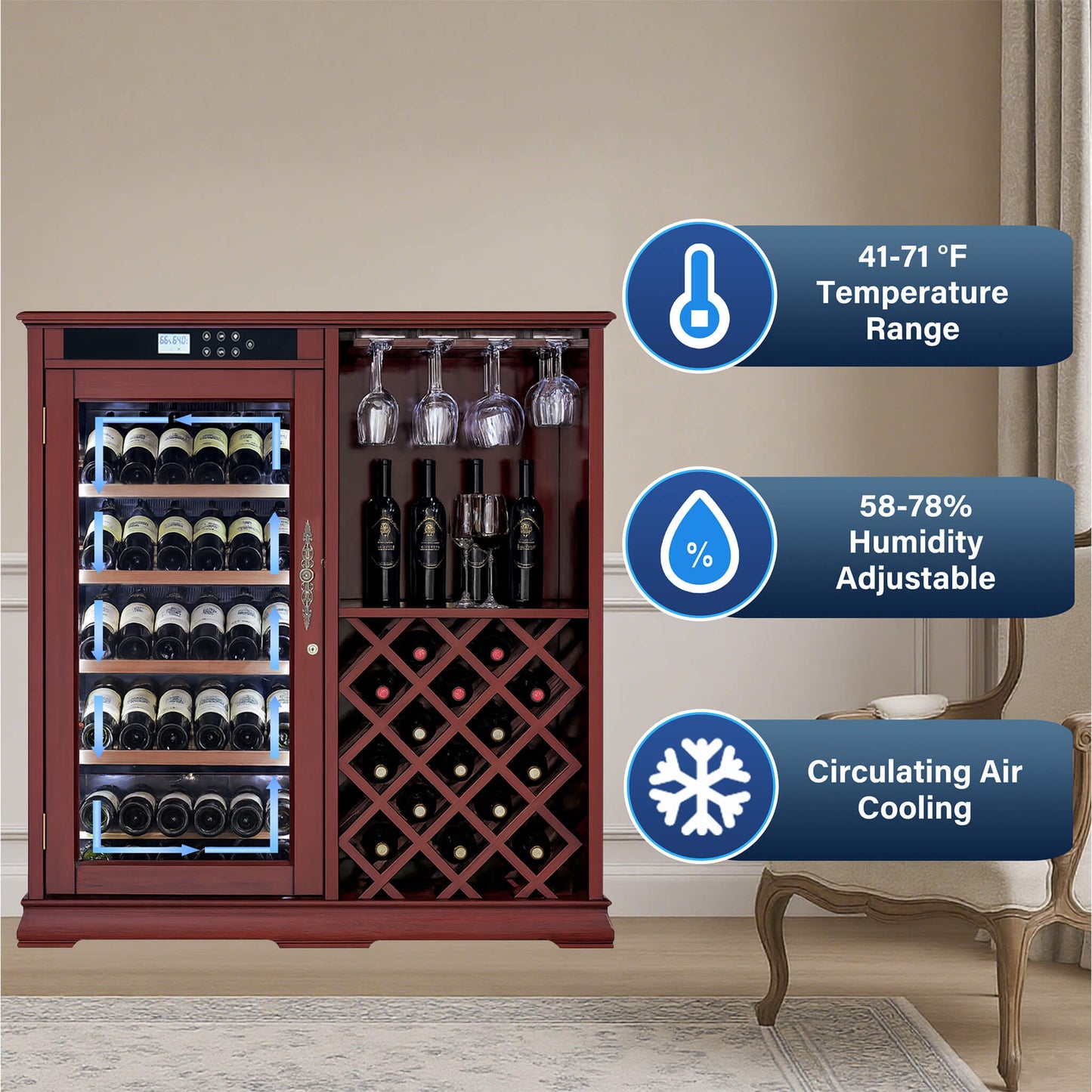 Nuvia 69-Bottle Wooden Wine Cooler Cabinet With Built-In Storage