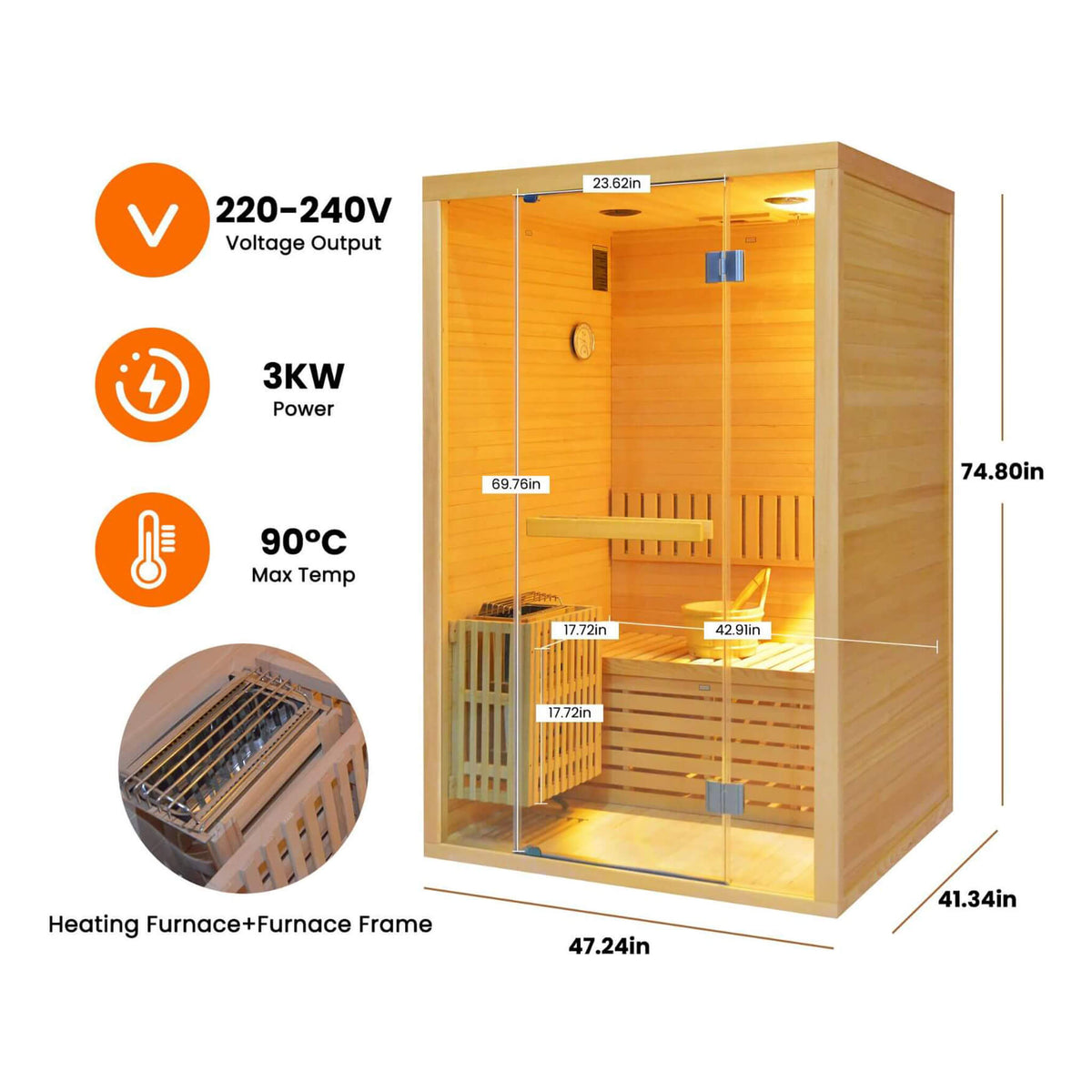 Thermora Alpine Premium 2-Person 3KW Hemlock Wood Sauna With LED Wall Light