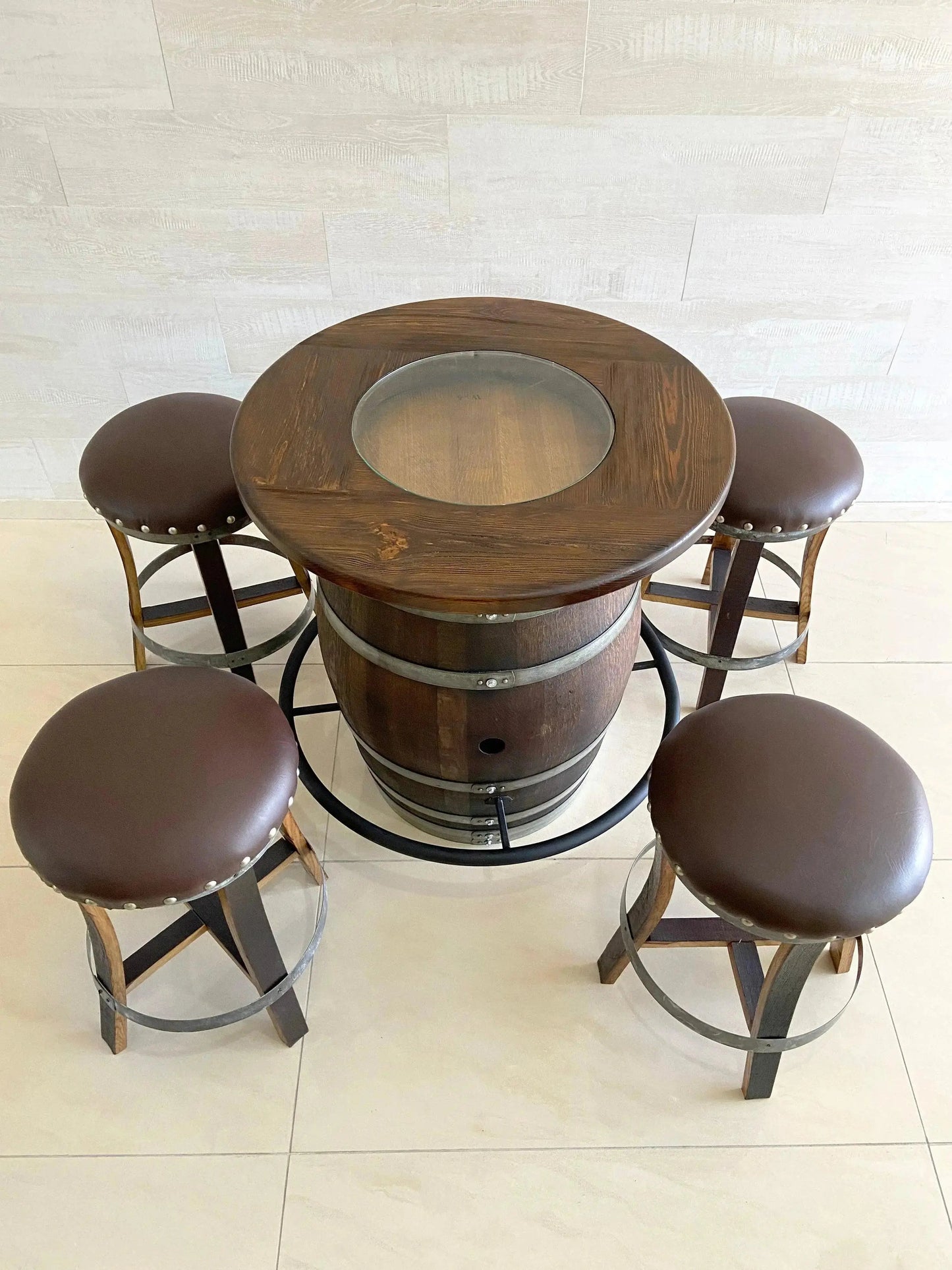 Whiskey & Wine Barrel Bistro Pub Set — Glass Top, Foot Rail - Pub Set