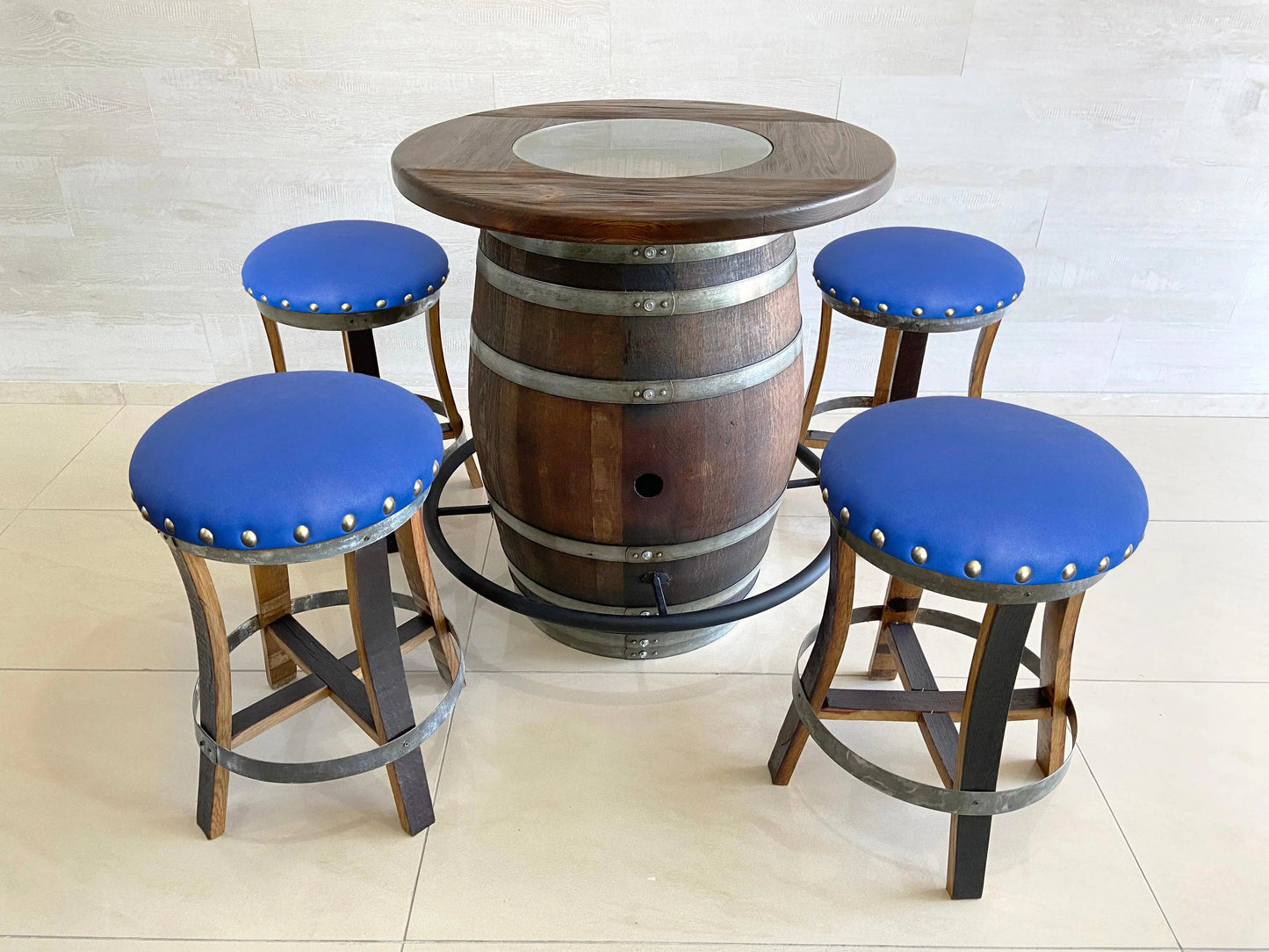 Whiskey & Wine Barrel Bistro Pub Set — Glass Top, Foot Rail - Pub Set