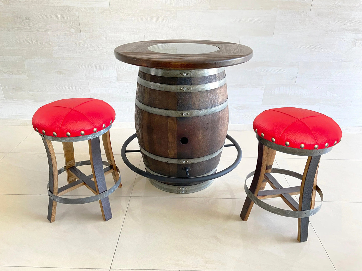 Whiskey & Wine Barrel Bistro Pub Set — Glass Top, Foot Rail - Pub Set