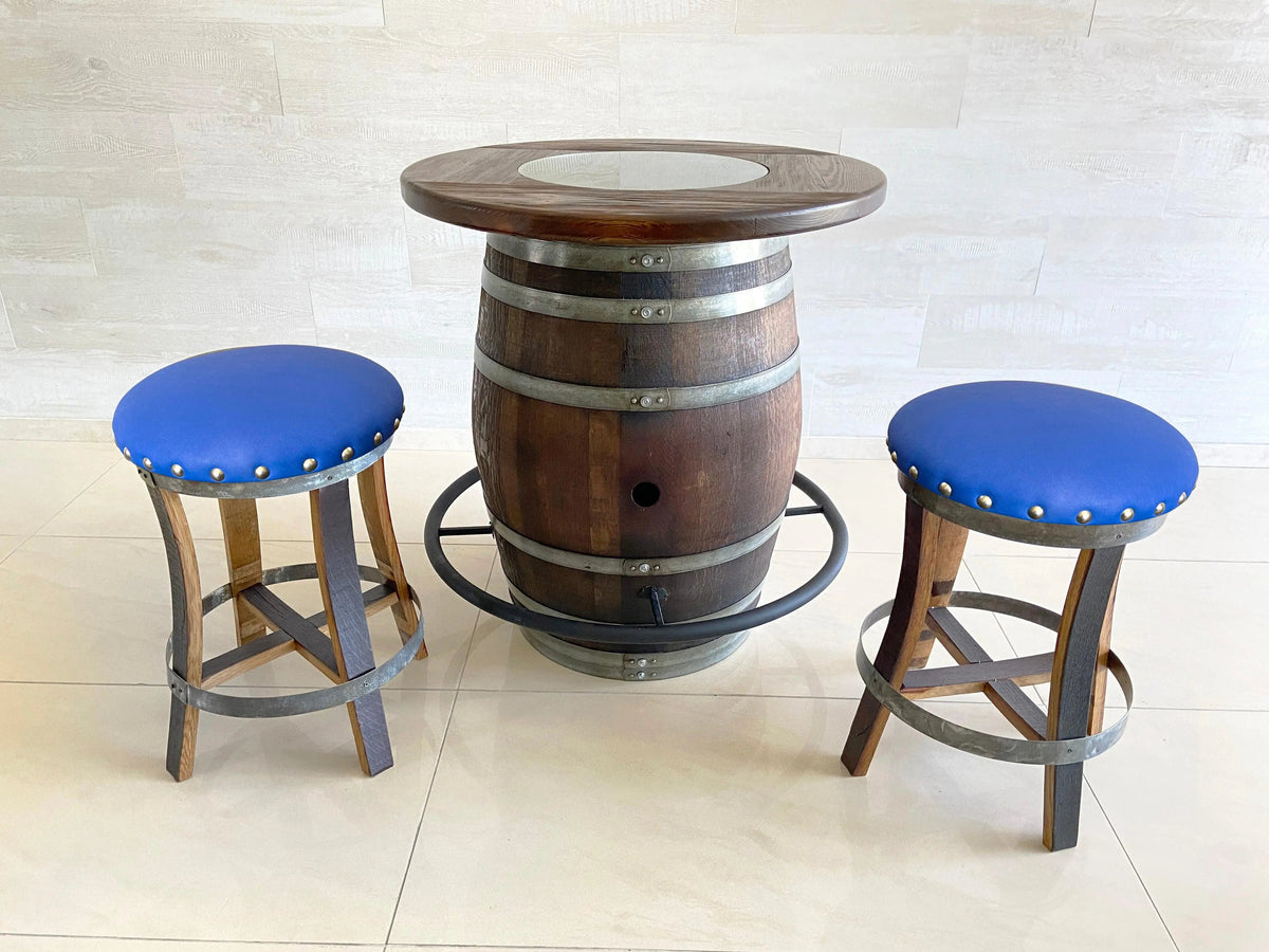 Whiskey & Wine Barrel Bistro Pub Set — Glass Top, Foot Rail - Pub Set