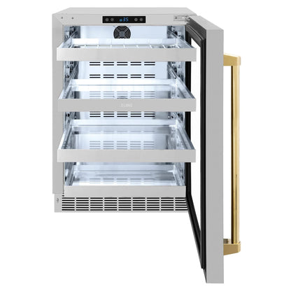 ZLINE Autograph Edition 24 in. Touchstone 151 Can Beverage Fridge With Stainless Steel Glass Door And Polished Gold Handle RBSOZ-GS-24-G