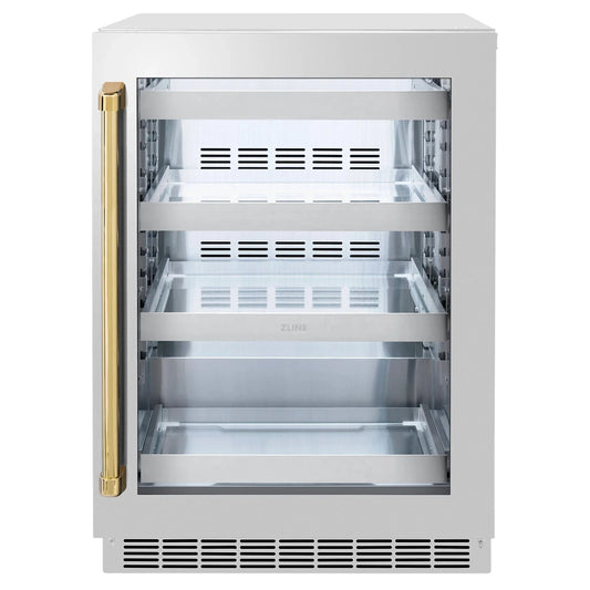 ZLINE Autograph Edition 24 in. Touchstone 151 Can Beverage Fridge With Stainless Steel Glass Door And Polished Gold Handle RBSOZ-GS-24-G